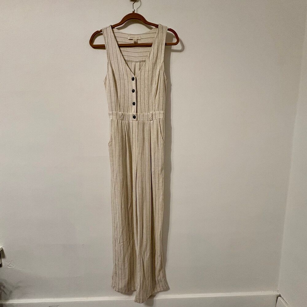 Monteau Linen Blend Pinstripe Cream White Jumpsuit Sz XS